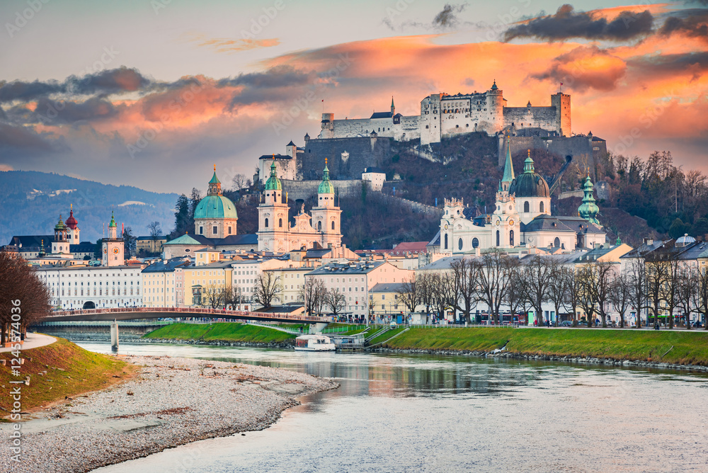 Salzburg, Austria. Historic Festung Hohensalzburg, Mozart birthplace, alpine views, charming Upper Austria place to visit.