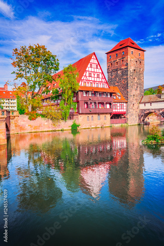 Obraz na płótnie Nuremberg, Germany. Autumn colors on the banks of the Pegnitz River, Franconia - Bavaria. w salonie