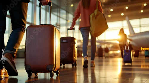 Passengers are walking on the airport terminal tarmac at sunset with an airplane taking off in the background travel video 4K