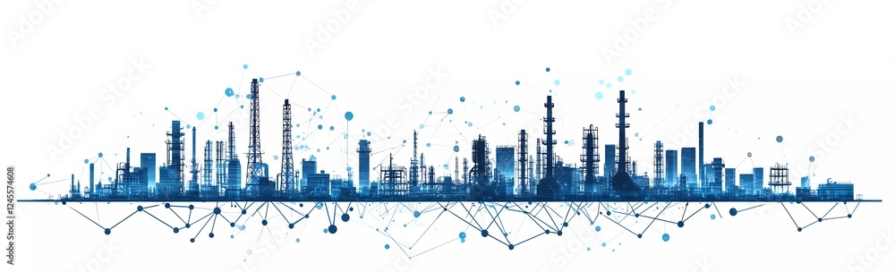 Silhouette of an industrial city with oil refineries and storage tanks on a white background, in a flat design vector illustration style.