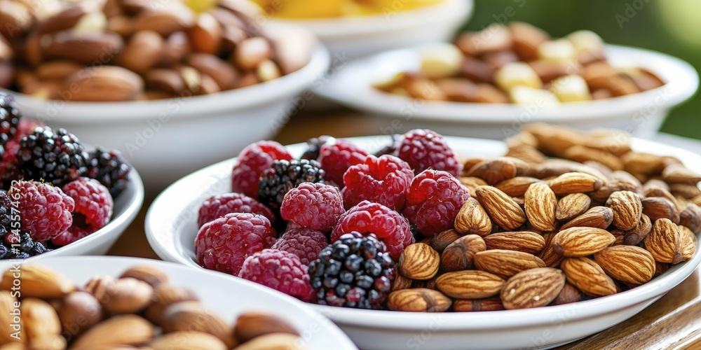 Vibrant display of healthy snacks featuring assorted fruits and nuts arranged beautifully on a rustic wooden surface. Vibrant display of healthy snacks featuring assorted fruits and nuts arranged beautifully on a rustic wooden surface.