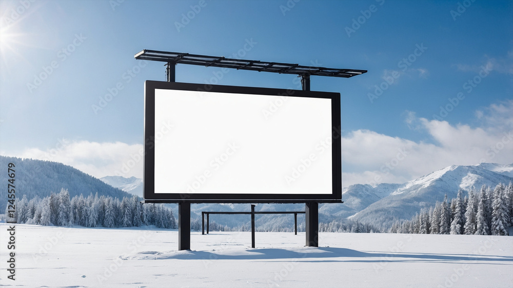 Obraz premium Large Empty Billboard in Snowy Mountain Landscape Under Clear Blue Sky Background
