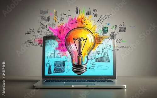 3D lightbulb with business sketches on laptop, creative innovation and brainstorming, modern solutions, highquality render