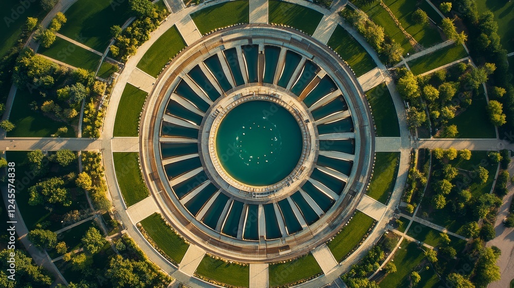 Obraz premium Aerial view of circular water treatment facility, geometric radial patterns, turquoise water pools, industrial architecture, structural steel beams, vibrant green surroundings, symmetrical design