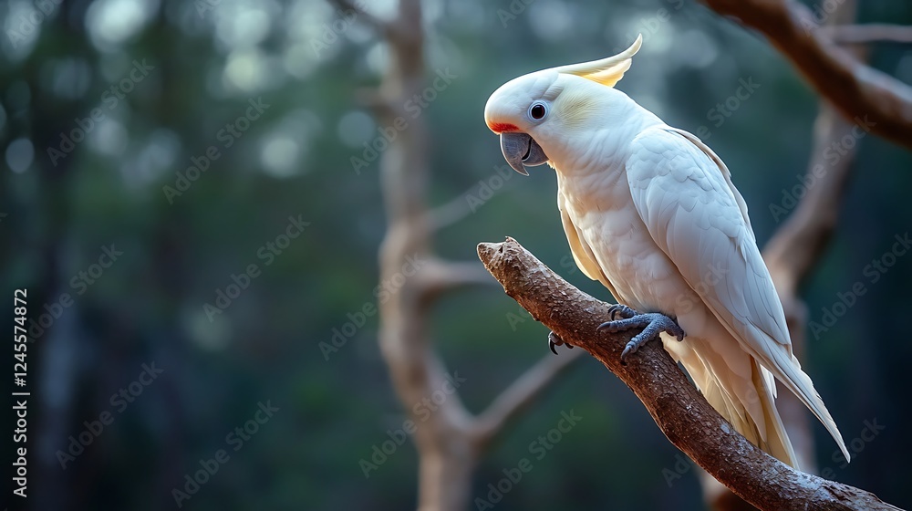 A white cockatoo perched on a branch in a lush, blurred forest setting, showcasing its vibrant feathers A white cockatoo perched on a branch in a lush, blurred forest setting, showcasing its vibrant feathers