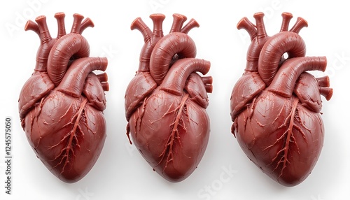 Three realistic anatomical models of human hearts, highly detailed 3D renders showing intricate blood vessels and chambers.