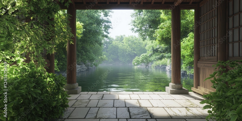 Naklejka premium Mindful travel practices fostering connection with nature through peaceful landscapes, colorful foliage, and soothing water reflections.