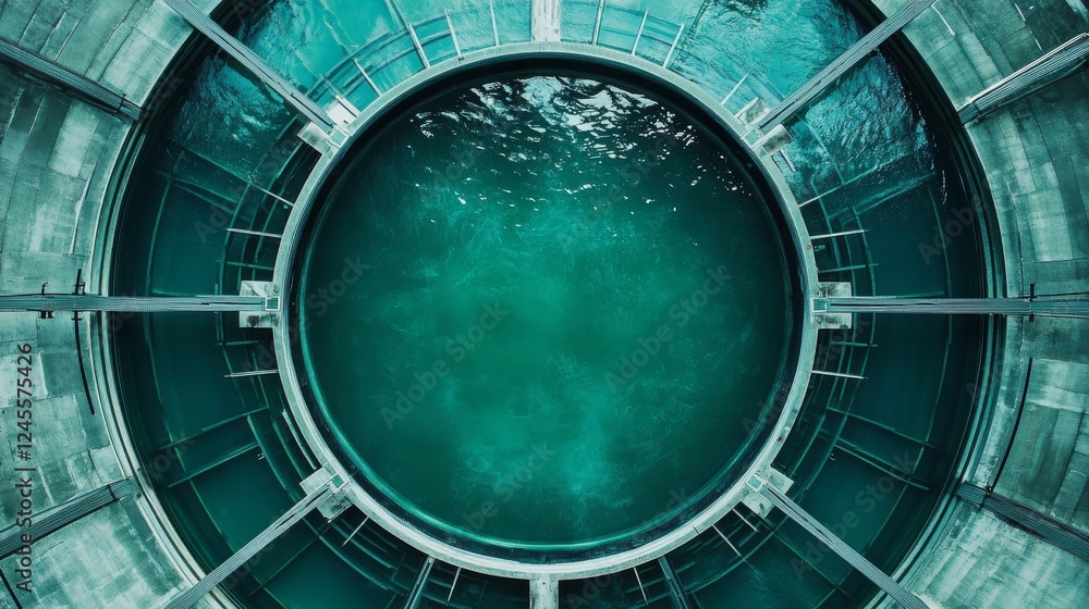 Obraz premium Industrial abstract photography, circular water treatment pool, radial steel framework, aqua green water surface, architectural symmetry, environmental facility, infrastructure art