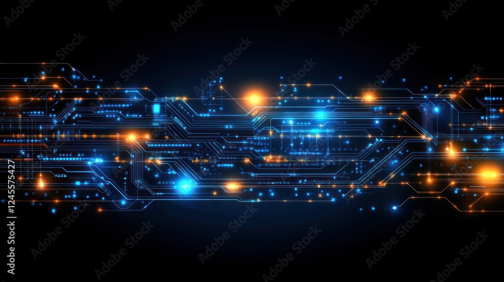Futuristic digital circuit flowing, dark background, tech banner Futuristic digital circuit flowing, dark background, tech banner