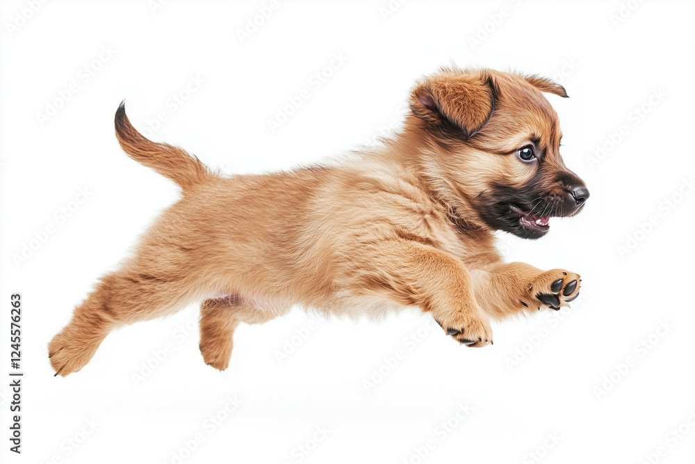 Obraz premium Selective focus jumping puppy for commercial advertisement isolated on white background, Portrait of happy dog jumping on white, Fun play dog.