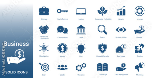 Solid vector icons on finance business, solution, work, vision.