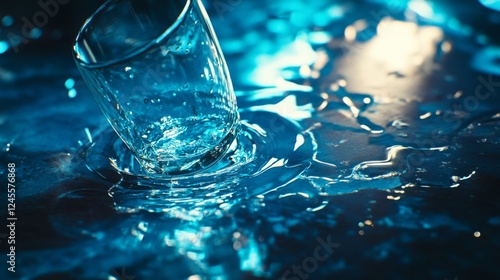 Wallpaper Mural fallen drinking glass, spilled water creating natural patterns, light refraction through glass and liquid, dreamy blue atmospheric backdrop, minimalistic composition, commercial photography style, Torontodigital.ca