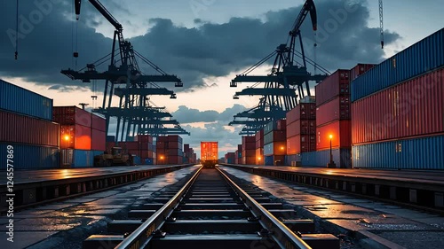 Aerial View of Cargo Containers and Cranes at Shipping Port with Railroad Tracks and Evening Sky

 photo