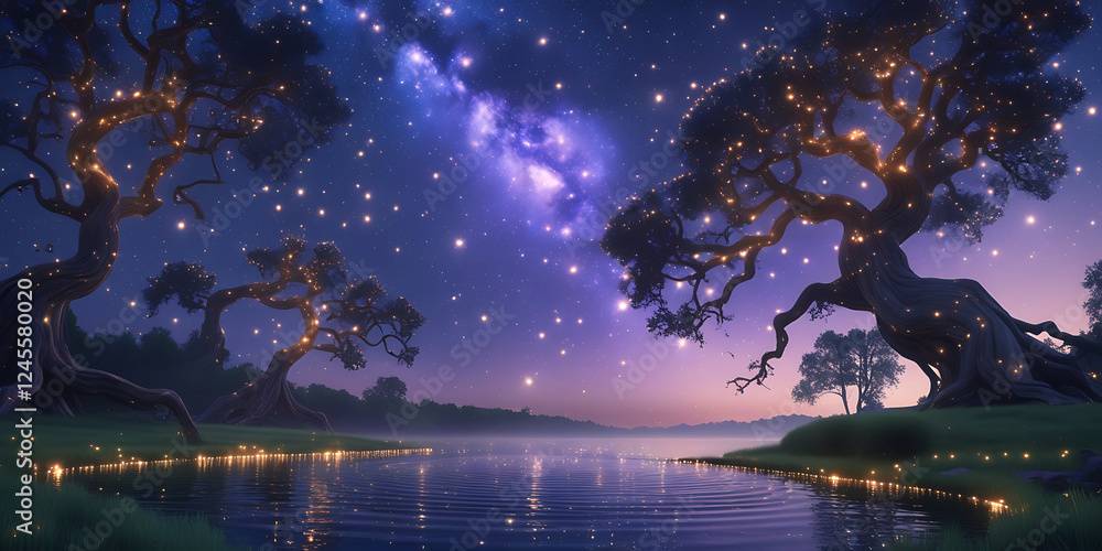 a vibrant constellation sprawled across the starry night sky above a lush, dense lake, created by generative ai a vibrant constellation sprawled across the starry night sky above a lush, dense lake, created by generative ai