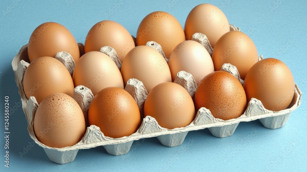 Organic brown eggs neatly arranged in a carton tray on a pastel blue background. Organic brown eggs neatly arranged in a carton tray on a pastel blue background.