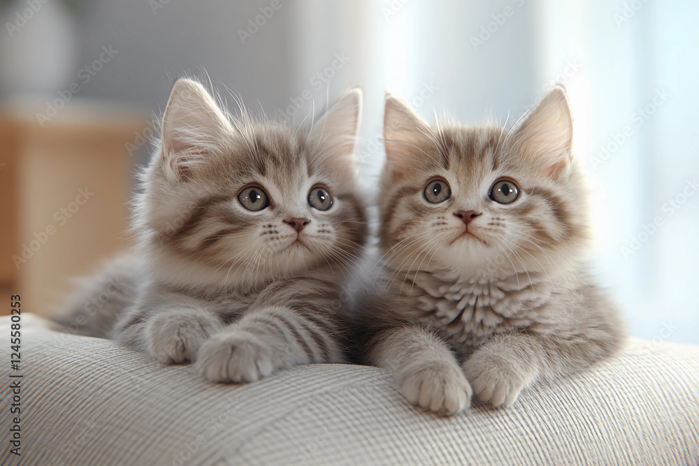 Two adorable kittens with soft gray fur and bright eyes sit on a comfy armchair, surrounded by a cozy and warm living room, creating a peaceful and comforting atmosphere Two adorable kittens with soft gray fur and bright eyes sit on a comfy armchair, surrounded by a cozy and warm living room, creating a peaceful and comforting atmosphere
