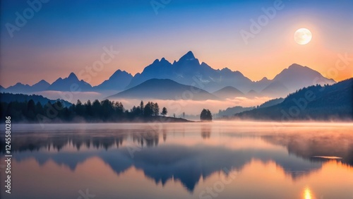 Wallpaper Mural Serene sunrise over a tranquil lake reflecting majestic mountain peaks and a full moon in the sky Torontodigital.ca