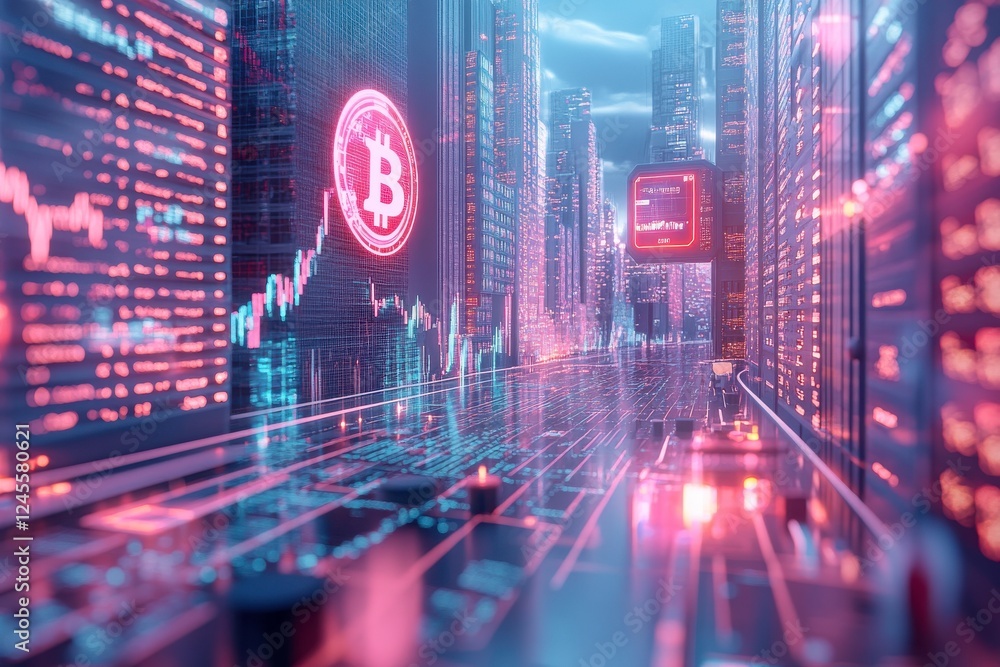 A futuristic cityscape featuring digital finance elements, showcasing Bitcoin logos and vibrant neon lights against towering skyscrapers. A futuristic cityscape featuring digital finance elements, showcasing Bitcoin logos and vibrant neon lights against towering skyscrapers.
