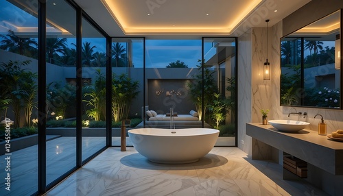 Luxury Modern Bathroom with Freestanding Tub and Outdoor Garden View at Night