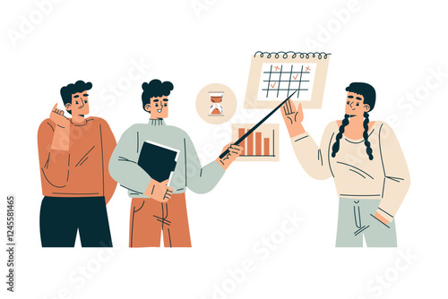 Time Management with Man and Woman Character at Calendar Organizing Efficient Business Process Vector Illustration