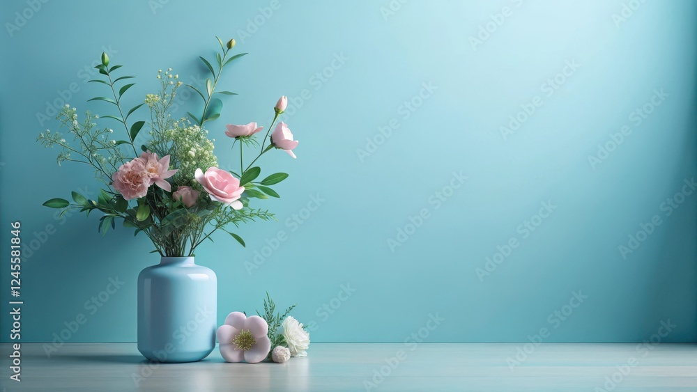 Obraz premium Pastel Pink Blooms in a Light Blue Vase Against a Teal Wall