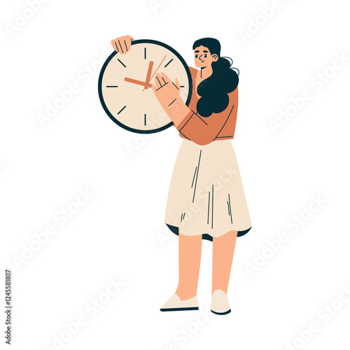 Time Management with Woman Character with Clock Organizing Efficient Business Process Vector Illustration