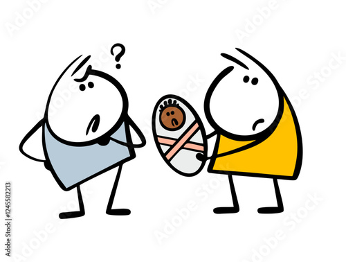Wife shows her husband a newborn baby. Vector illustration of a man perplexed, a boy is Black, and his parents are Europeans. Isolated funny character on white background.