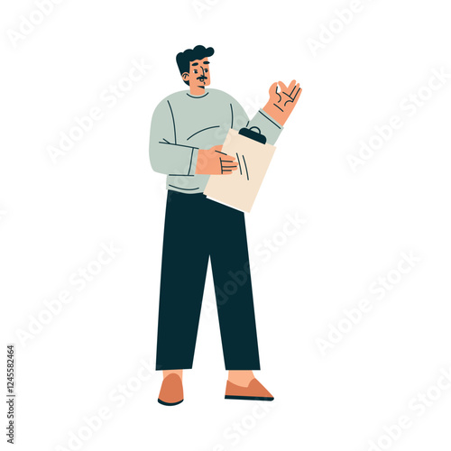 Business Process with Man Standing with Clipboard Vector Illustration