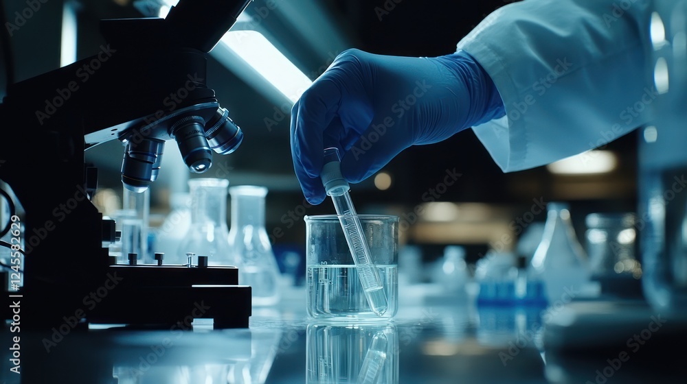 Scientist adding liquid, lab, microscope, research, nighttime Scientist adding liquid, lab, microscope, research, nighttime