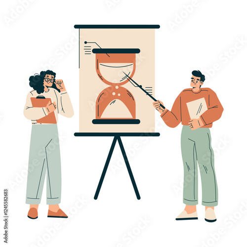 Time Management with Man and Woman Character Point at Hourglass Organizing Efficient Business Process Vector Illustration