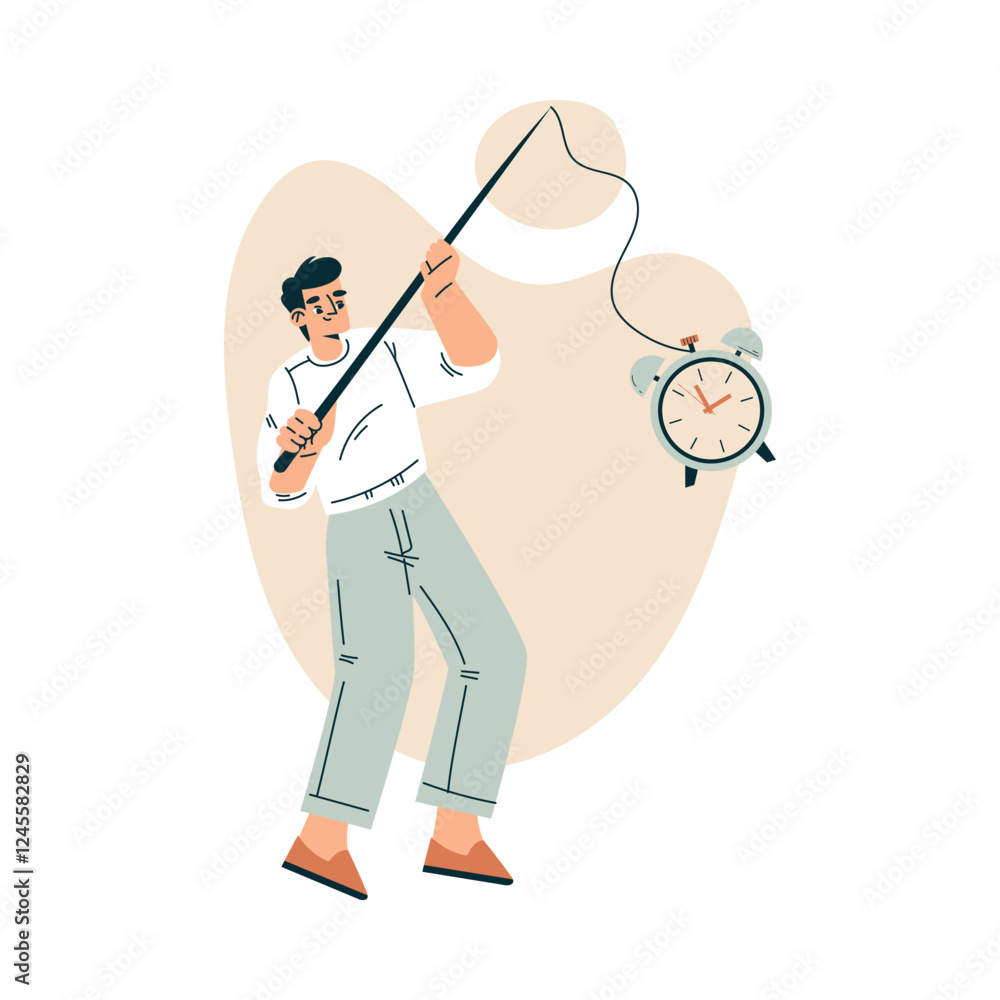 Time Management with Man Character Catch Clock with Fishing Rod Organizing Efficient Business Process Vector Illustration Time Management with Man Character Catch Clock with Fishing Rod Organizing Efficient Business Process Vector Illustration