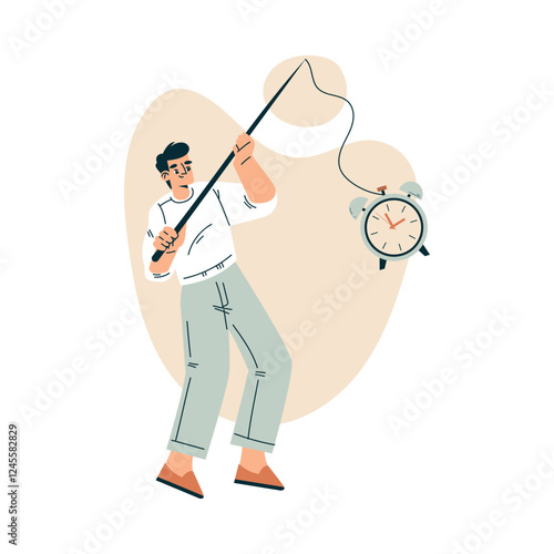 Time Management with Man Character Catch Clock with Fishing Rod Organizing Efficient Business Process Vector Illustration