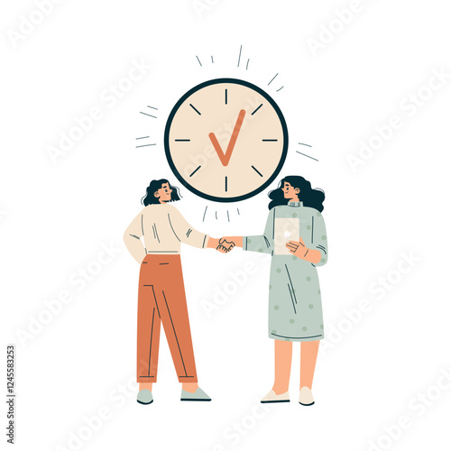 Time Management with Woman Character Handshake Organizing Efficient Business Process Vector Illustration