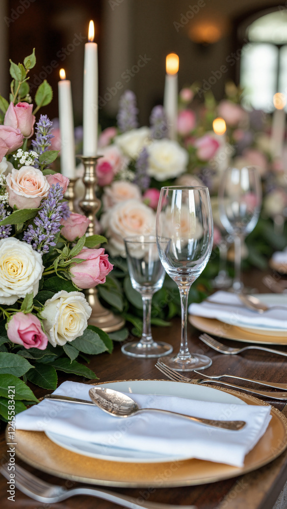 Elegant Wedding Reception Table Setting: Floral Centerpieces and Luxurious Details for Upscale Event Planning Elegant Wedding Reception Table Setting: Floral Centerpieces and Luxurious Details for Upscale Event Planning