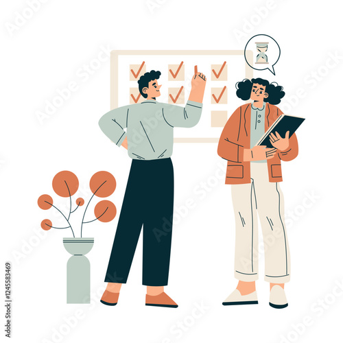 Time Management with Man and Woman Character Organizing Efficient Business Process Vector Illustration