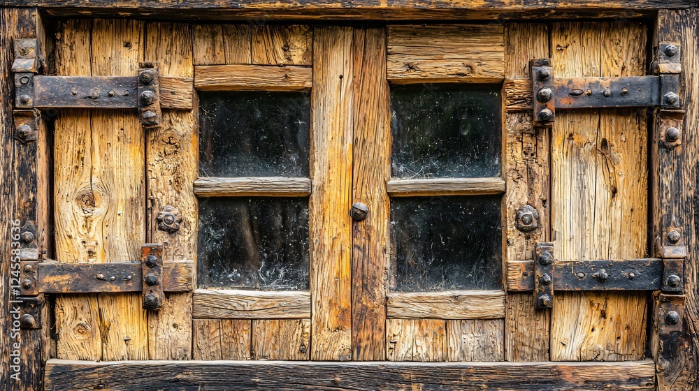 Rustic wooden window, medieval design, aged wood, dark glass panes Rustic wooden window, medieval design, aged wood, dark glass panes