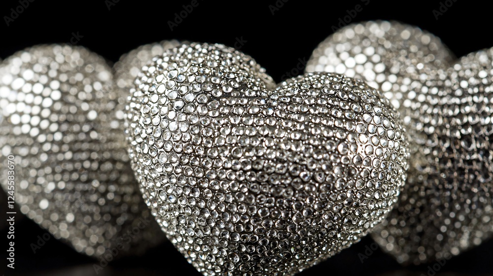 Sparkling hearts, close-up, dark background, romantic decor Sparkling hearts, close-up, dark background, romantic decor
