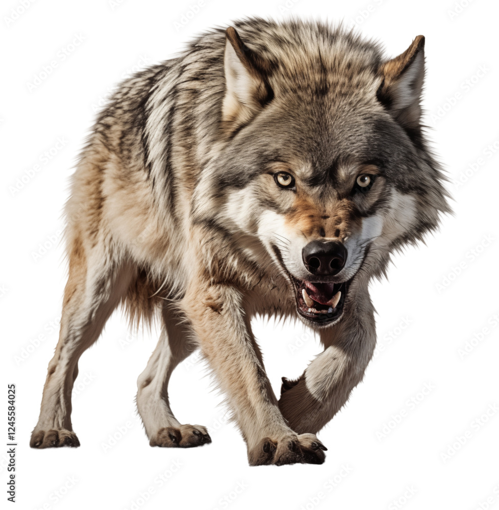 Fototapeta premium Full body angry wolf isolated on transparent background. Generative ai