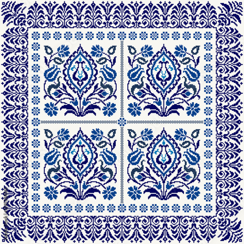 Square seamless Blossom Floral traditional pixel Geometric ethnic pattern design. Detailed Vector for pillowcase, rugs, carpet tile, embroidery, wallpaper, print, textile, mosaic, ceramic, patchwork.