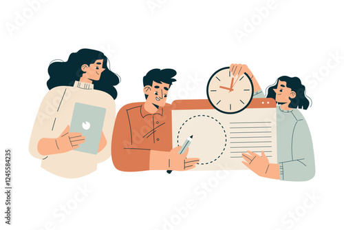 Time Management with Man and Woman Character Organizing Efficient Business Process Vector Illustration