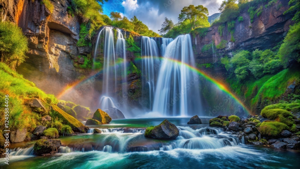 Obraz premium Serene Waterfall Cascading Over Mossy Rocks with a Vibrant Rainbow Arcing Across the Scene