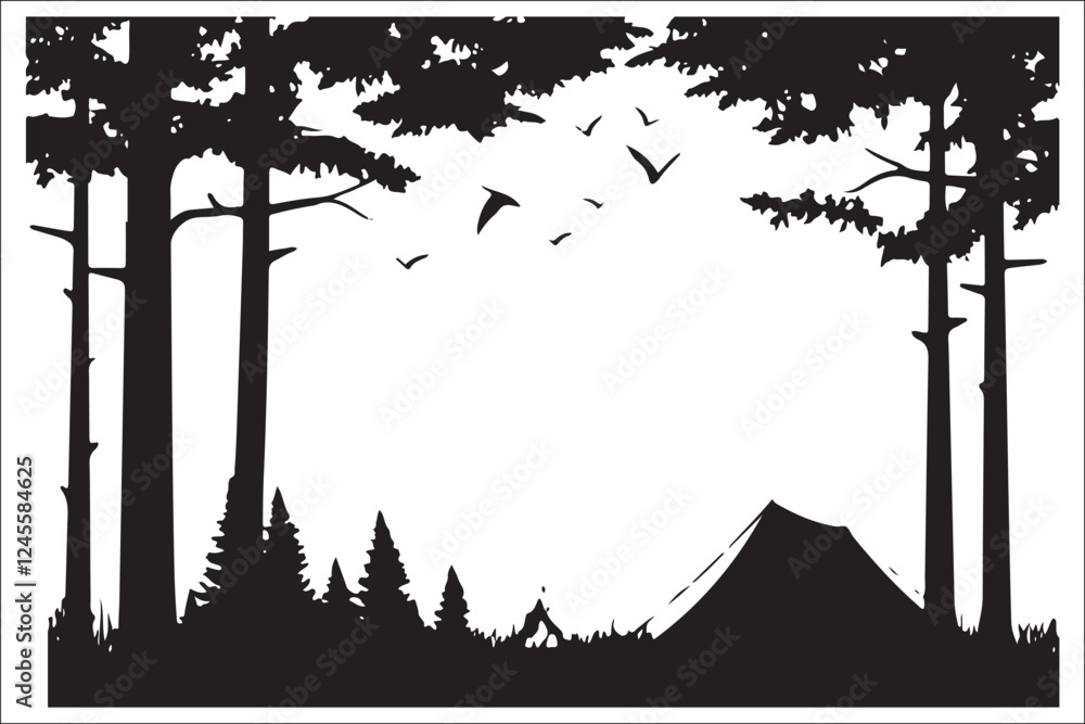 Obraz premium Scenic Mountain Landscape with Camping Silhouettes Vector Art