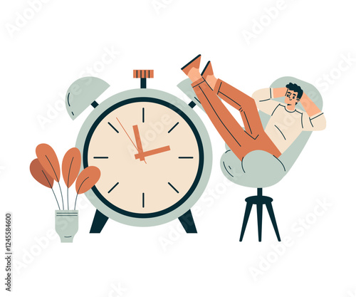Time Management with Man Character Relax on Chair with Clock Organizing Efficient Business Process Vector Illustration