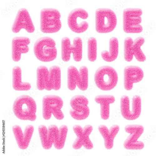 3d fur font letters, pink fluffy English ABC alphabet for children. Furry Latin script with hairy texture for fun education kids. Cute fuzzy wool text isolated on background render. 3D illustration