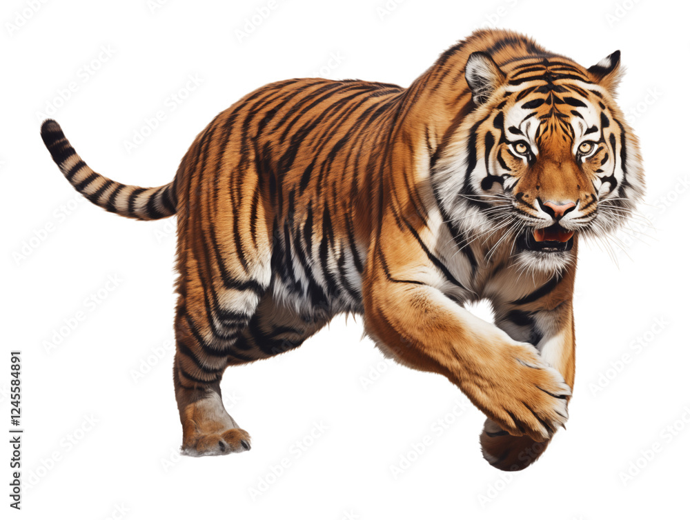 Fototapeta premium Full body angry tiger isolated on transparent background. Generative ai