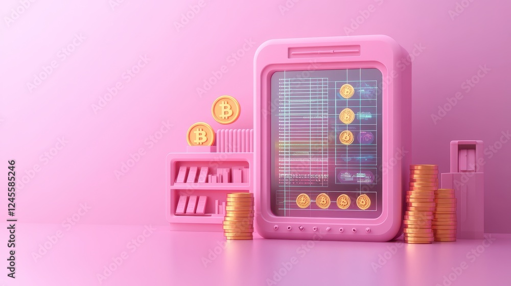 A vibrant pink display featuring a digital cryptocurrency chart alongside stacks of coins and Bitcoin symbols. A vibrant pink display featuring a digital cryptocurrency chart alongside stacks of coins and Bitcoin symbols.