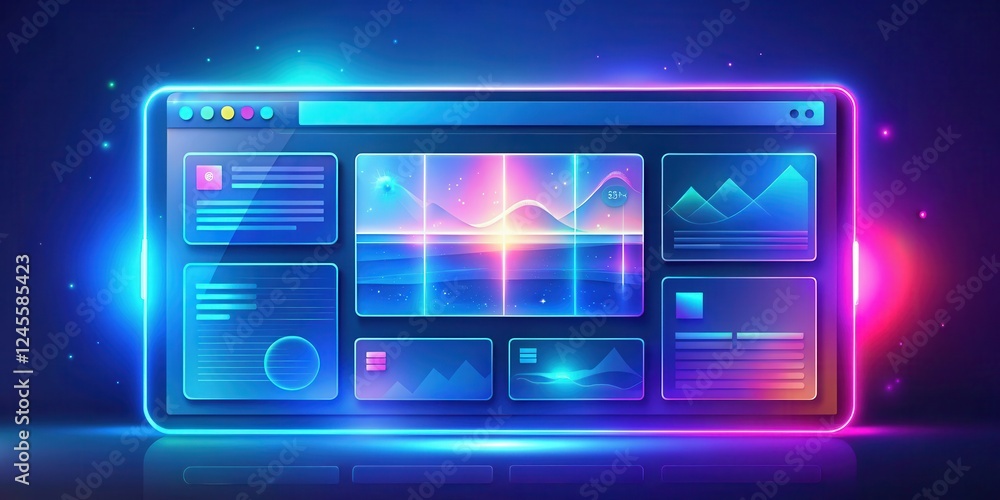Futuristic Digital Dashboard Interface with Neon Glowing Edges and Vibrant Data Visualizations Futuristic Digital Dashboard Interface with Neon Glowing Edges and Vibrant Data Visualizations