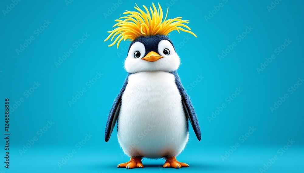 Naklejka premium Cute Penguin with Yellow Hair 3d Render Illustration