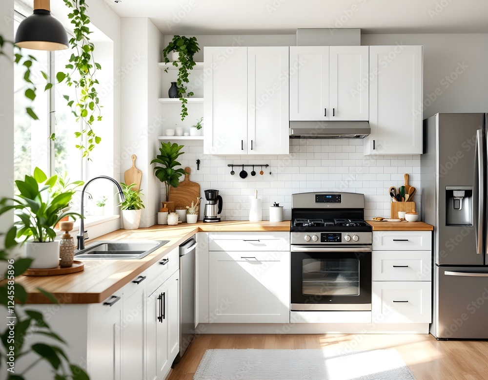 Professional product photo of a Scandinavian-style kitchen with white cabinets, wooden countertop, sleek appliances, and natural light. Professional product photo of a Scandinavian-style kitchen with white cabinets, wooden countertop, sleek appliances, and natural light.