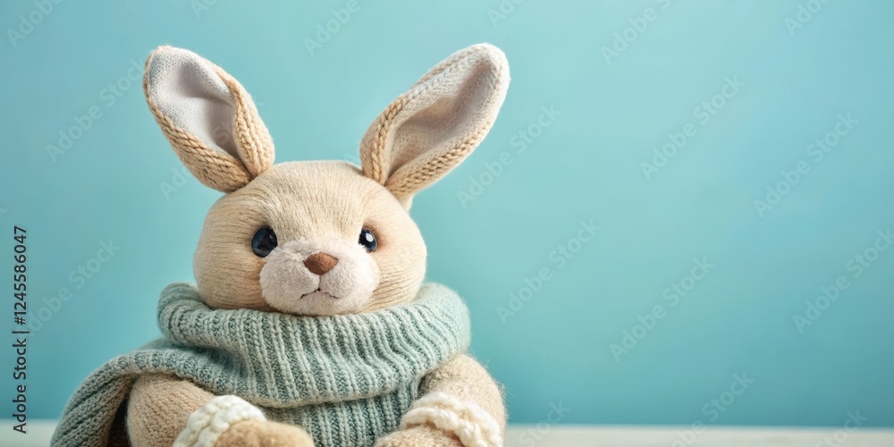 Obraz premium Adorable Knitted Bunny Toy Wearing a Cozy Scarf Against a Light Blue Background